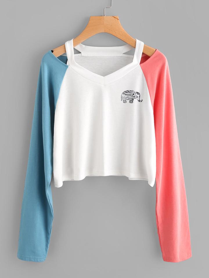 Shein Cut Out Neck Contrast Sleeve Elephant Print T-shirt