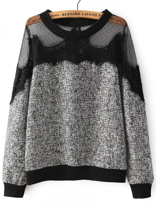 Shein Black Round Neck Sheer Mesh Lace Sweatshirt