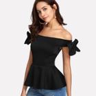 Shein Bow Embellished Sleeve Peplum Bardot Top