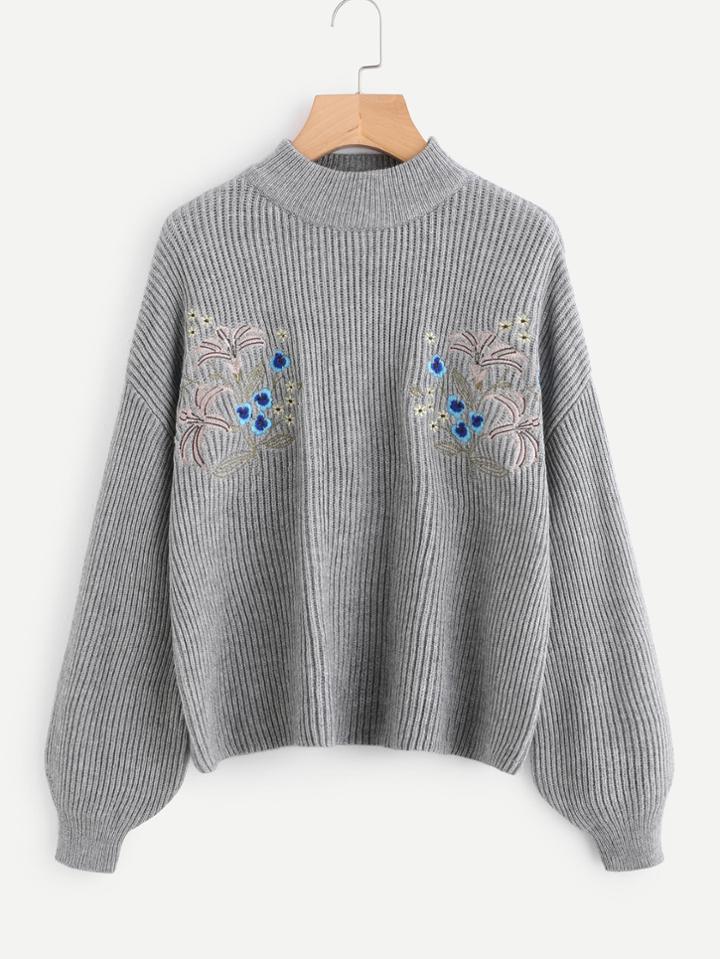 Shein Symmetrical Embroidered Front Dropped Shoulder Ribbed Knit Jumper