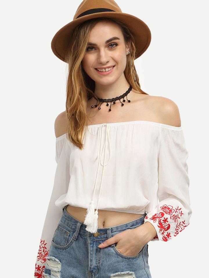 Shein White Tassel Tie Off The Shoulder Embroidered Blouse