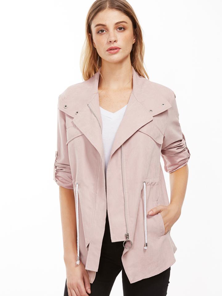 Shein Pink Hidden Zip Drawstring Waist Roll Sleeve Jacket