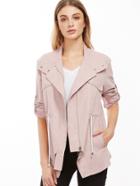 Shein Pink Hidden Zip Drawstring Waist Roll Sleeve Jacket