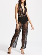 Shein Deep Plunge Halter Backless Floral Lace Jumpsuit