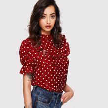 Shein Ruffle Detail Puff Sleeve Polka Dot Top