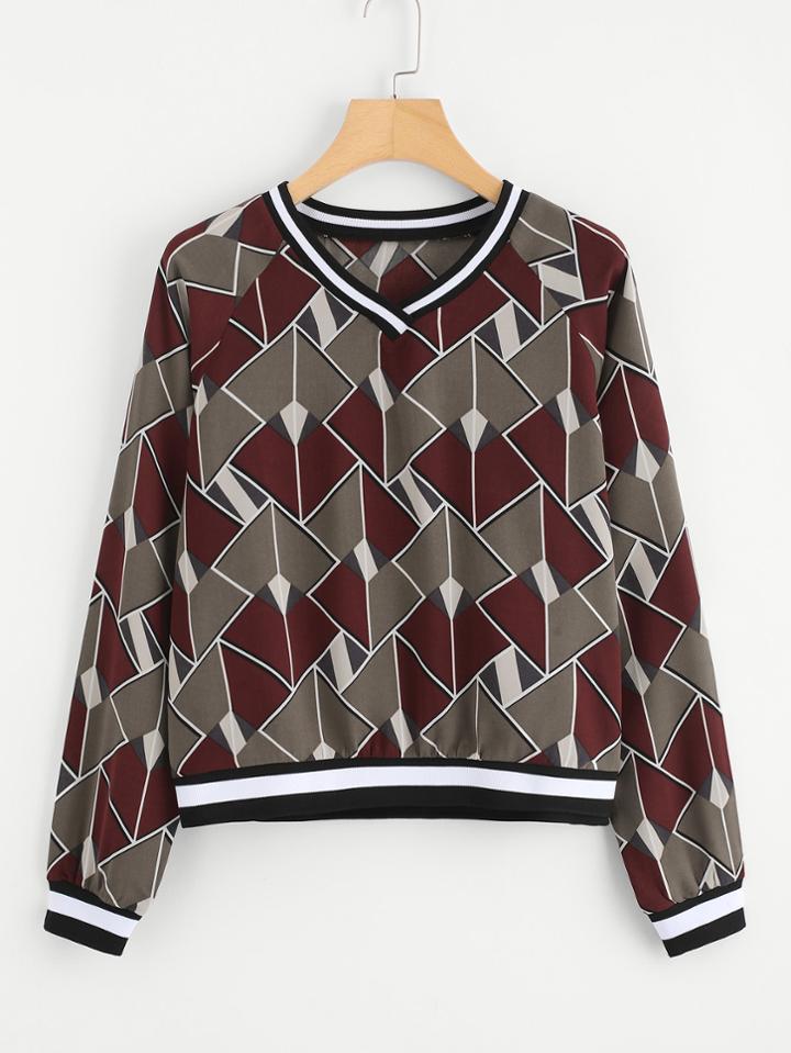 Shein Contrast Striped Trim Geo Print Sweatshirt