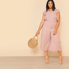 Shein Plus Open Back Ruffle Trim Wide Leg Jumpsuit