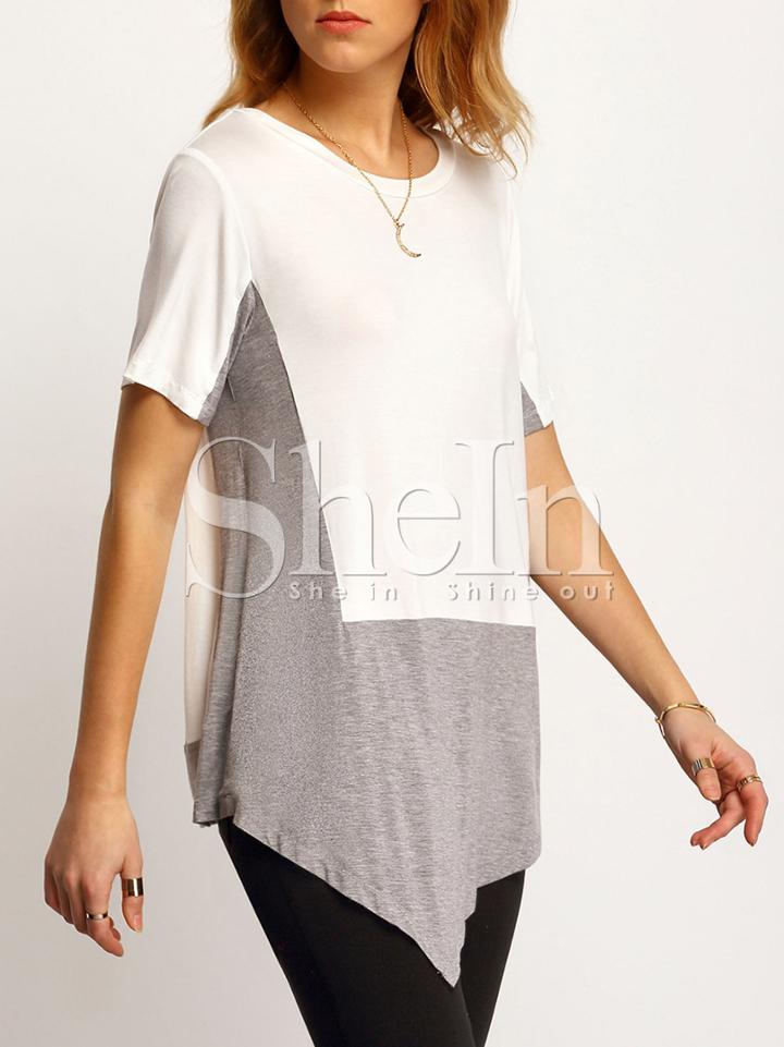 Shein White Color Block Asymmetric T-shirt