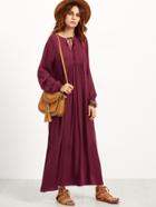 Shein Burgundy V Notch Tie Neck Pleated Maxi Peasant Dress