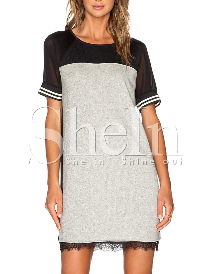 Shein Grey Short Sleeve Colorblock Contrast Sheer Dress
