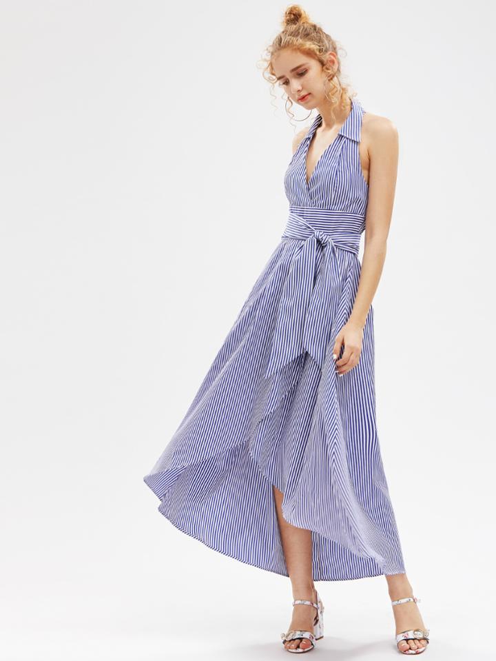 Shein Vertical Striped Backless Self Tie Wrap Dress
