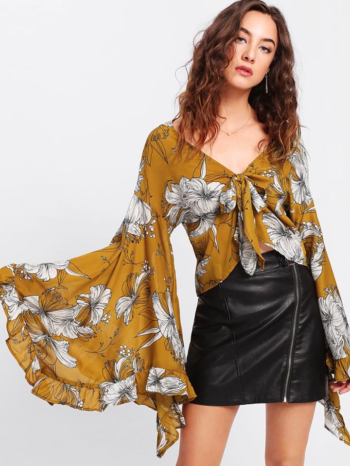Shein Oversized Ruffle Sleeve Bow Tie Blouse