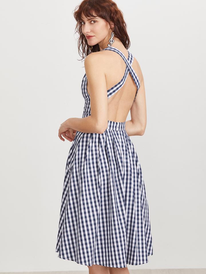 Shein Navy Gingham V Back Crisscross Back Dress