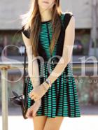 Shein Green Color Block Cap Sleeve A Line Dress