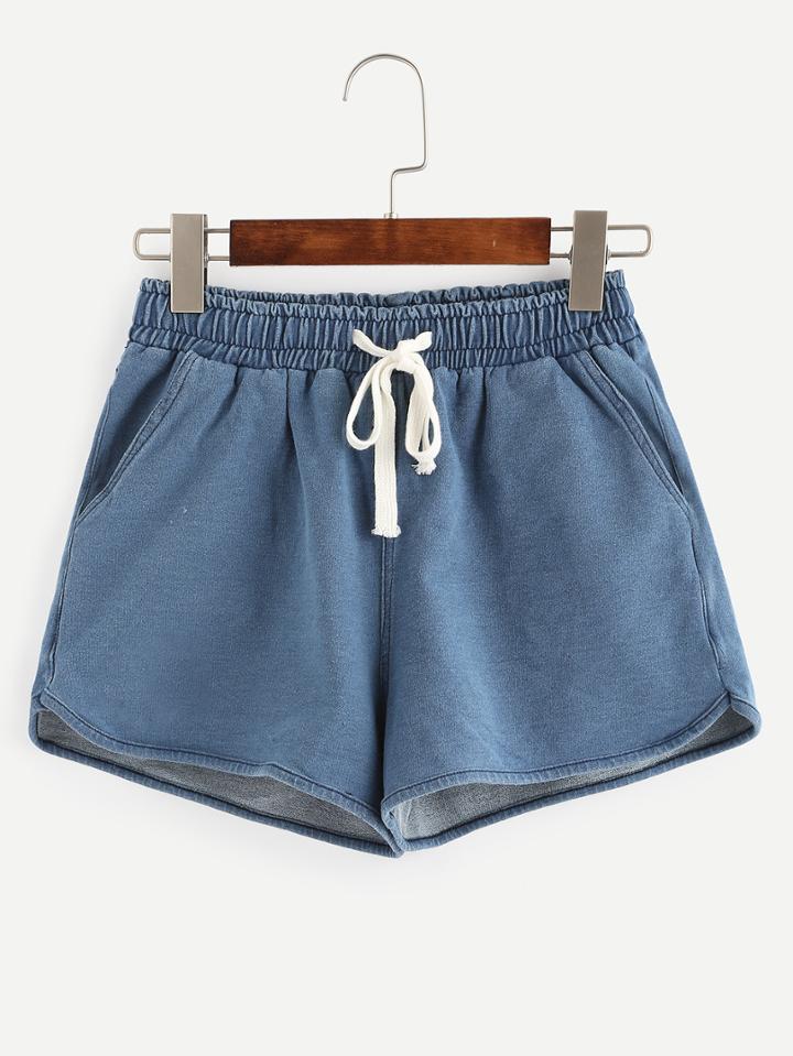 Shein Elastic Drawstring Waist Blue Denim Shorts