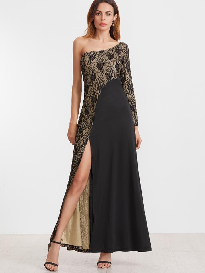 Shein Black One Shoulder Contrast Lace High Slit Dress