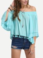 Shein Off-the -shoulder Tassel Trimmed Blouse - Blue