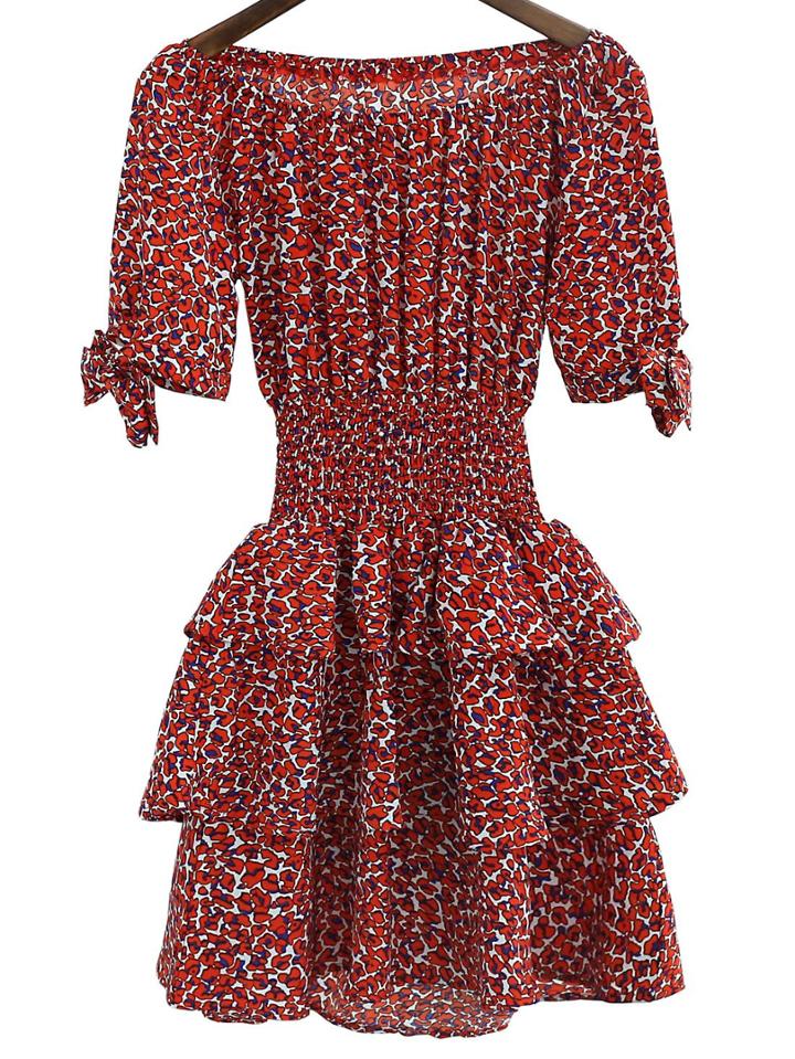 Shein Red Leopard Off The Shoulder Layers Ruffle Dress