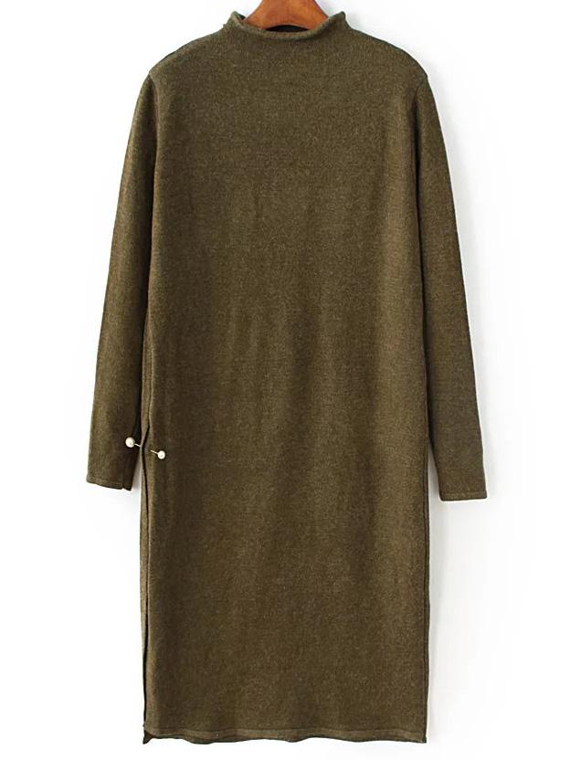 Shein Army Green Mock Neck Side Slit Knit Dress