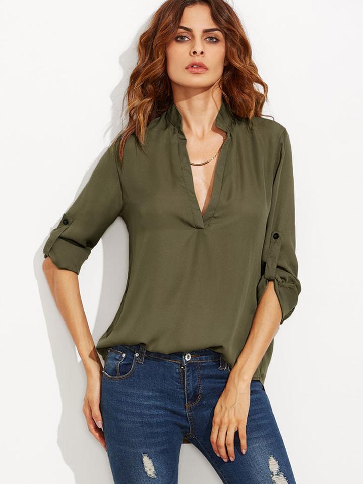 Shein Army Green Deep V Neck High Low Shirt