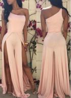 Rosewe Side Slit One Shoulder Pink Jumpsuit