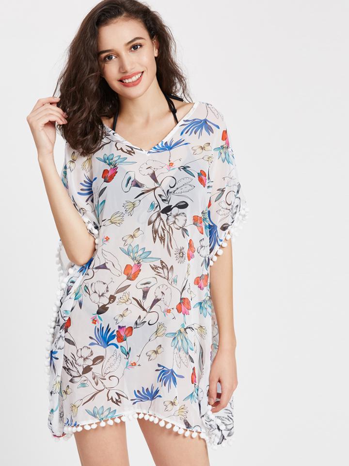 Shein Calico Print Pom Pom Trim Cover Up