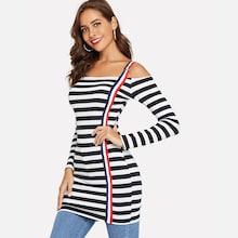 Shein Striped Ribbon Open Shoulder Tee