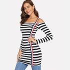 Shein Striped Ribbon Open Shoulder Tee