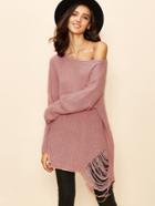 Shein Pink Boat Neck Drop Shoulder Ripped Sweater