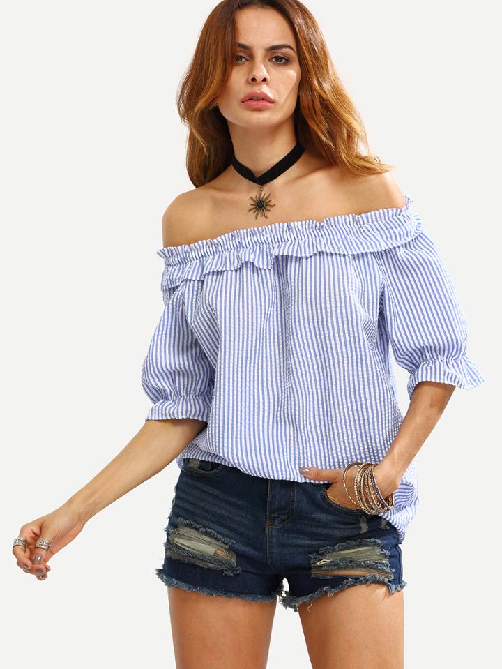 Shein Off The Shoulder Vertical Striped Ruffle Shirt