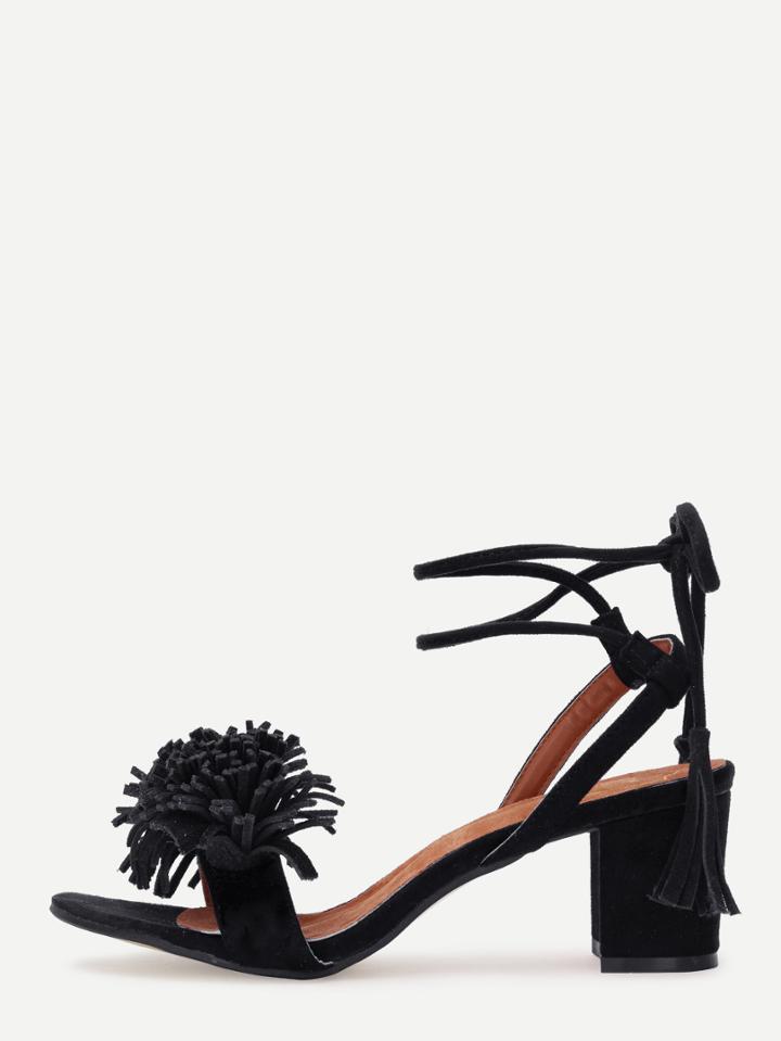 Shein Tassel Strap Lace-up Block Heel Sandals - Black