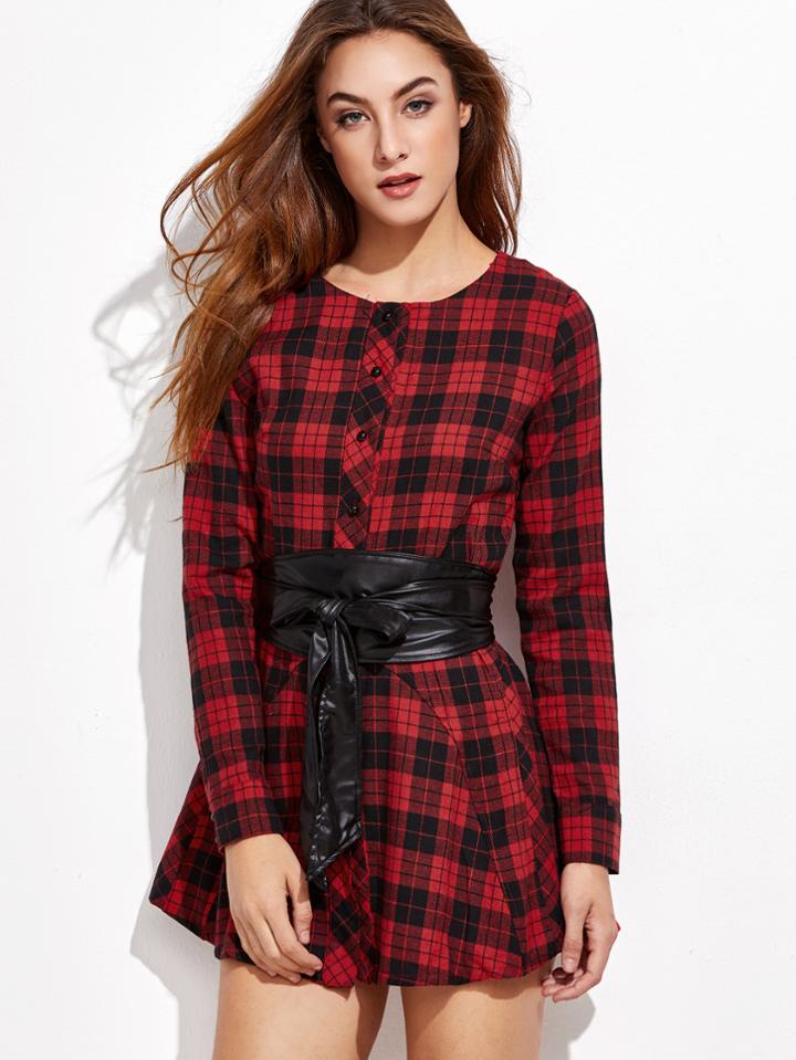 Shein Burgundy Tartan Plaid Shirt Dress With Belt