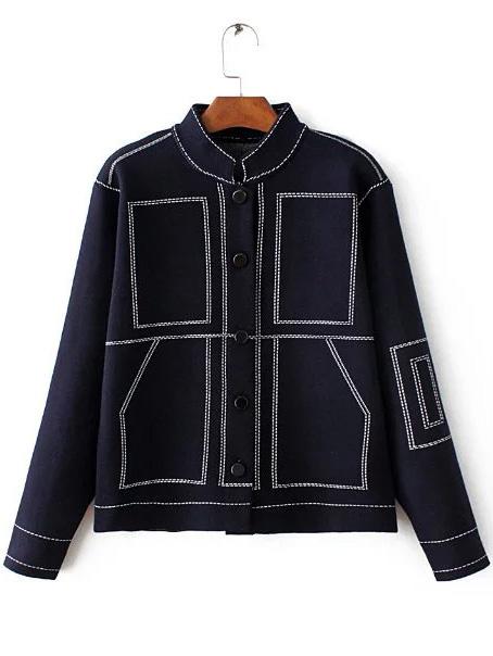 Shein Navy Contrast Trim Button Up Sweater Coat