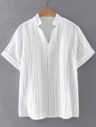 Shein Grey V Neck Rolled Cuff Striped Blouse