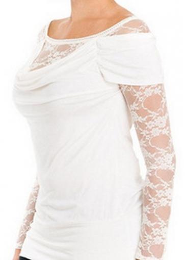 Rosewe Round Neck Long Sleeve Lace Panel Blouse