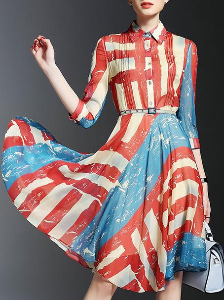 Shein Red Color Block Lapel Belted A-line Dress