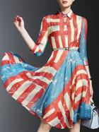 Shein Red Color Block Lapel Belted A-line Dress