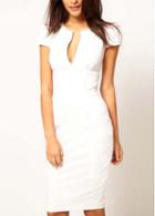 Rosewe Laconic Style White Knee Length Dress With V Neck