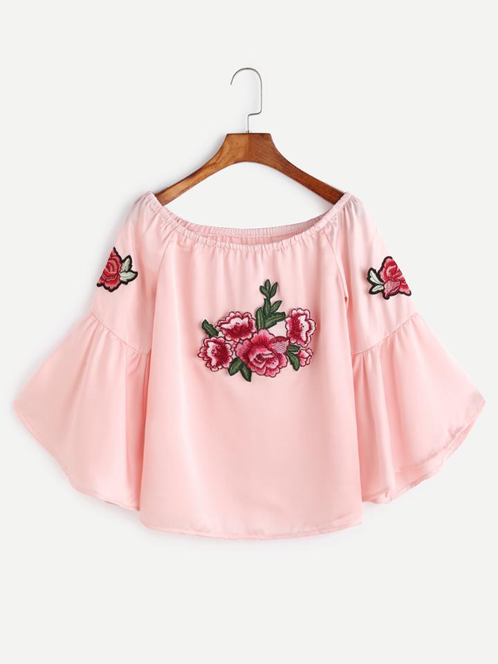 Shein Pink Boat Neck Bell Sleeve Flower Embroidered Patch Top