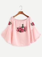 Shein Pink Boat Neck Bell Sleeve Flower Embroidered Patch Top