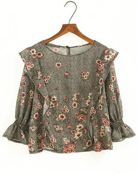 Shein Elastic Cuff Ruffle Trim Chiffon Blouse