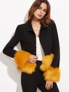 Shein Black Contrast Faux Fur Trim Button Up Jacket