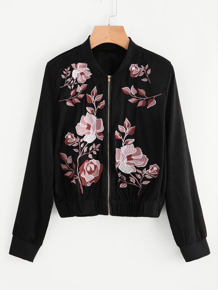 Shein Botanical Embroidered Satin Bomber Jacket