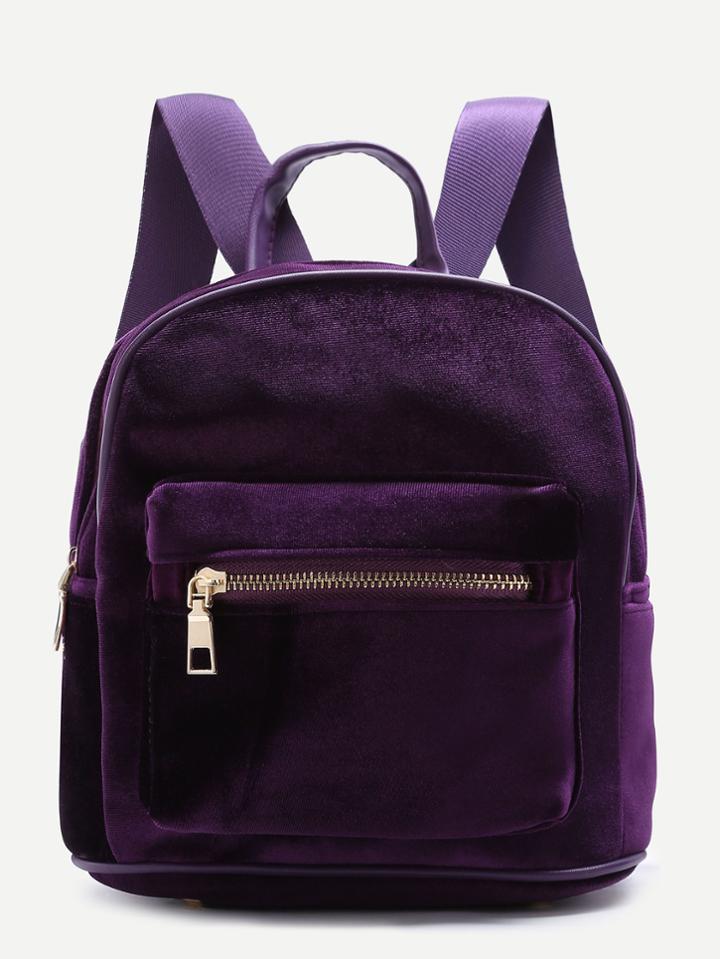 Shein Purple Zipper Detail Velvet Backpack
