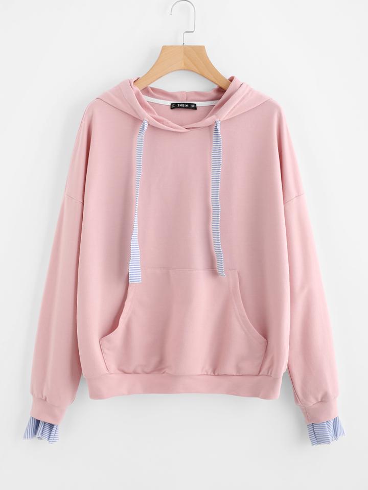 Shein Striped Drawstring And Cuff Hoodie