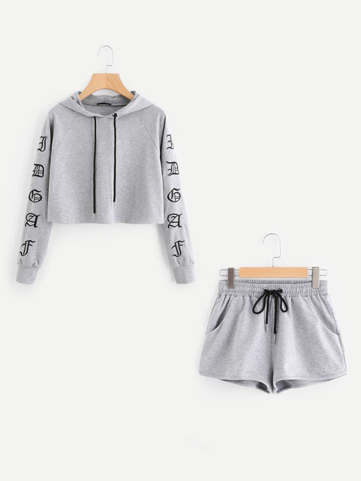 Shein Heather Knit Crop Hoodie & Shorts Set