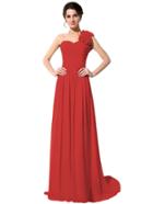 Shein Red One Shoulder Flower Trim Maxi Chiffon Bridesmaid Dress