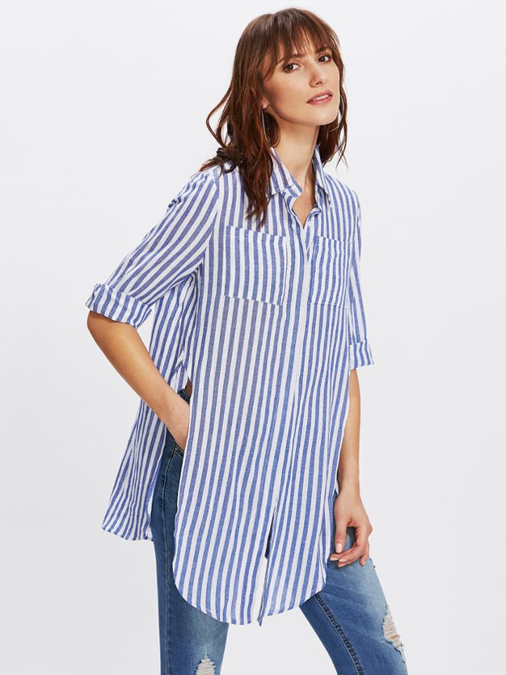 Shein Side Slit Dolphin Hem Striped Blouse