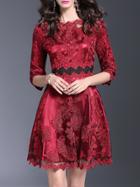 Shein Burgundy Gauze Flowers Embroidered A-line Dress