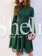 Shein Green Crew Neck Pleated Lace Hem Dress